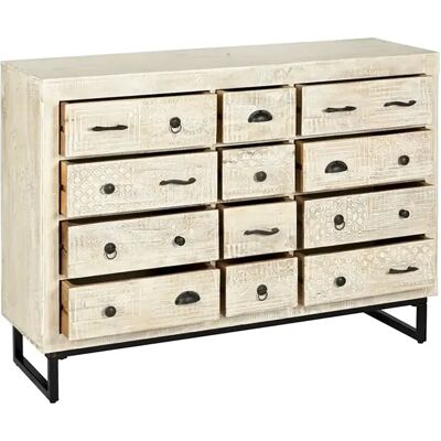 Pegane Commode meuble multi-rangements à 12 tiroirs en bois beige blanchi et motifs sculptés - longueur 127 cm x largeur 40 cm x hauteur 94 cm - Publicité Pegane Commode meuble multi-rangements à 12 tiroirs en bois beige blanchi et motifs sculptés - longueur 127 cm x largeur 40 cm x hauteur 94 cm - Publicité