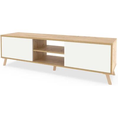 Pegane Meuble TV sur pieds avec 2 portes et 2 étagères coloris Chêne doré/Blanc - Publicité Pegane Meuble TV sur pieds avec 2 portes et 2 étagères coloris Chêne doré/Blanc - Publicité