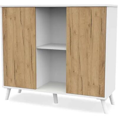 Pegane Buffet meuble de rangement à 2 portes et 2 niches centrales coloris Blanc/chêne - Publicité Pegane Buffet meuble de rangement à 2 portes et 2 niches centrales coloris Blanc/chêne - Publicité