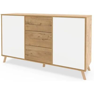 Pegane Commode meuble de rangement 2 portes et 3 tiroirs coloris Chêne doré/Blanc - Publicité Pegane Commode meuble de rangement 2 portes et 3 tiroirs coloris Chêne doré/Blanc - Publicité