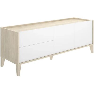 Pegane Meuble TV bas avec 2 tiroirs et 2 portes battantes, coloris naturel/blanc - Publicité Pegane Meuble TV bas avec 2 tiroirs et 2 portes battantes, coloris naturel/blanc - Publicité
