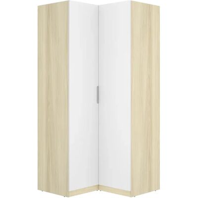 Pegane Armoire d'angle placard de rangement à 2 portes battantes, coloris blanc/Chêne clair - Publicité Pegane Armoire d'angle placard de rangement à 2 portes battantes, coloris blanc/Chêne clair - Publicité