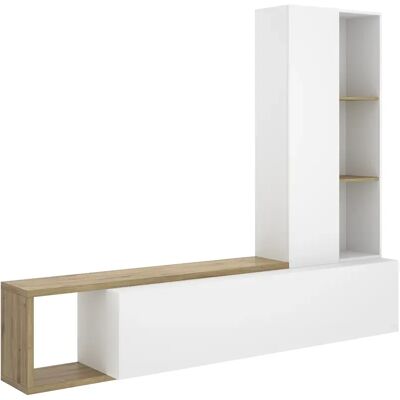 Pegane Meuble TV avec colonne de rangement de 3 étagères ouvertes et caisson horizontal - Publicité Pegane Meuble TV avec colonne de rangement de 3 étagères ouvertes et caisson horizontal - Publicité