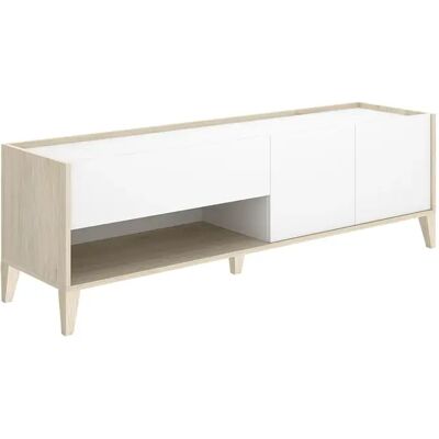 Pegane Meuble TV bas avec 2 tiroirs, 2 portes battantes et 1 niche, coloris naturel/blanc - Publicité Pegane Meuble TV bas avec 2 tiroirs, 2 portes battantes et 1 niche, coloris naturel/blanc - Publicité