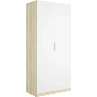 Pegane Armoire placard de rangement à 2 portes battantes et tringle, coloris blanc/Chêne clair - Publicité Pegane Armoire placard de rangement à 2 portes battantes et tringle, coloris blanc/Chêne clair - Publicité