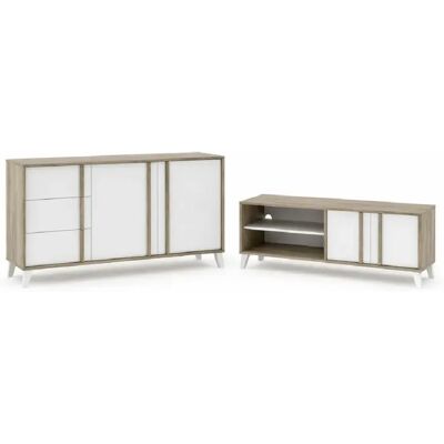 Pegane Ensemble de salon Buffet + Meuble TV Style Scandinave – coloris Chêne Clair et Blanc - Publicité Pegane Ensemble de salon Buffet + Meuble TV Style Scandinave – coloris Chêne Clair et Blanc - Publicité