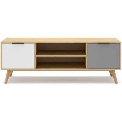 Pegane - meuble TV - 140x40x52 cm - Pin massif chêne blanc gris - meuble TV - Publicité Pegane - meuble TV - 140x40x52 cm - Pin massif chêne blanc gris - meuble TV - Publicité