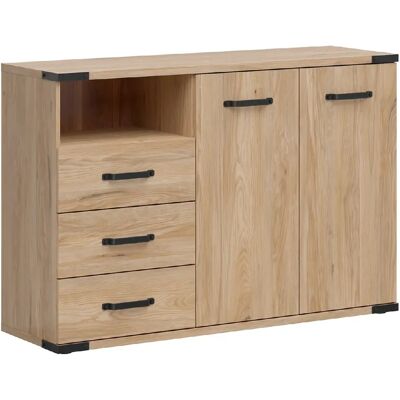 Pegane Buffet commode de rangement 2 portes, 3 tiroirs et une étagère coloris Frêne / Noir - Publicité Pegane Buffet commode de rangement 2 portes, 3 tiroirs et une étagère coloris Frêne / Noir - Publicité