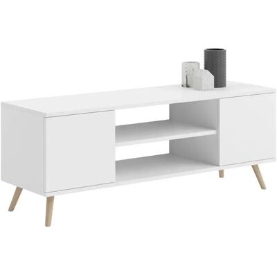 Meuble TV Viking Choice - pieds en bois - blanc - 155x40x50 cm - TV cabinet - Publicité Meuble TV Viking Choice - pieds en bois - blanc - 155x40x50 cm - TV cabinet - Publicité