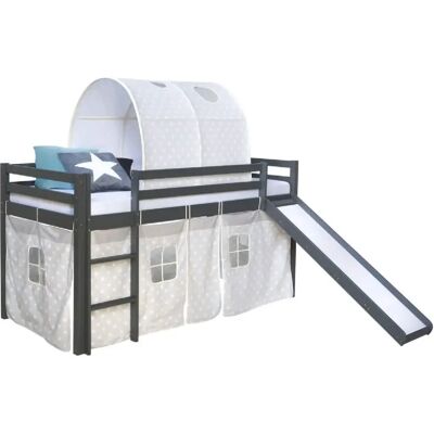 Homestyle4U Lit mi-haut toboggan 90x200 gris pin tunnel étoiles - Publicité Homestyle4U Lit mi-haut toboggan 90x200 gris pin tunnel étoiles - Publicité