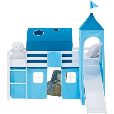 Homestyle4U Lit mezzanine 90x200cm sommier, toboggan, tour, tunnel et rideau pin bleu - Publicité Homestyle4U Lit mezzanine 90x200cm sommier, toboggan, tour, tunnel et rideau pin bleu - Publicité