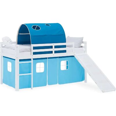 Homestyle4U Lit mezzanine 90x200cm avec toboggan, tunnel et rideau pin bleu - Publicité Homestyle4U Lit mezzanine 90x200cm avec toboggan, tunnel et rideau pin bleu - Publicité