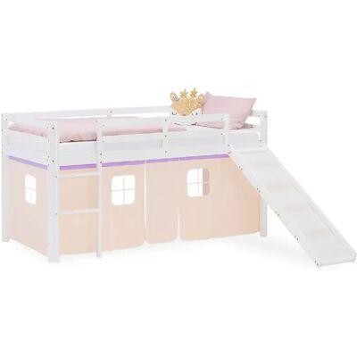Homestyle4U Lit mezzanine 90x200cm avec toboggan, matelas et rideau pin pêche - Publicité Homestyle4U Lit mezzanine 90x200cm avec toboggan, matelas et rideau pin pêche - Publicité