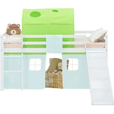 Homestyle4U Lit mezzanine 90x200cm avec toboggan, matelas, tunnel et rideau vert - Publicité Homestyle4U Lit mezzanine 90x200cm avec toboggan, matelas, tunnel et rideau vert - Publicité