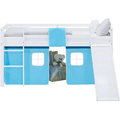Homestyle4U Lit mezzanine 90x200cm avec toboggan, matelas, sommier et rideau bleu - Publicité Homestyle4U Lit mezzanine 90x200cm avec toboggan, matelas, sommier et rideau bleu - Publicité