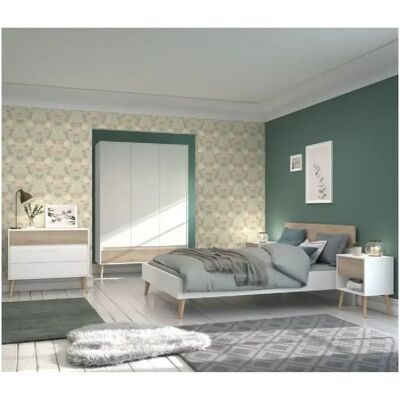 Chambre complete - AALBORG - Scandinave - Blanc / Chene - Lit 160 x 200 cm, 2 chevets, commode, armoire - PARISOT - Publicité Chambre complete - AALBORG - Scandinave - Blanc / Chene - Lit 160 x 200 cm, 2 chevets, commode, armoire - PARISOT - Publicité