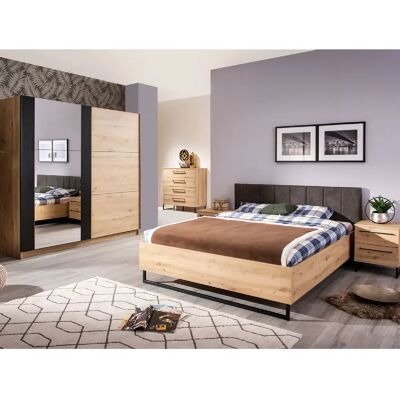 Pegane Ensemble chambre lit 160x200, 2 chevets, commode et armoire couleur chêne artisan /noir - Publicité Pegane Ensemble chambre lit 160x200, 2 chevets, commode et armoire couleur chêne artisan /noir - Publicité