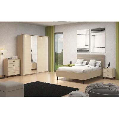 Pegane Ensemble chambre lit 160x200, 2 chevets, commode et armoire couleur chêne clair - Publicité Pegane Ensemble chambre lit 160x200, 2 chevets, commode et armoire couleur chêne clair - Publicité