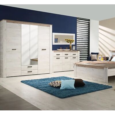 Pegane Ensemble chambre lit 160x200, 2 chevets et armoire couleur chêne blanc / chêne gris - Publicité Pegane Ensemble chambre lit 160x200, 2 chevets et armoire couleur chêne blanc / chêne gris - Publicité