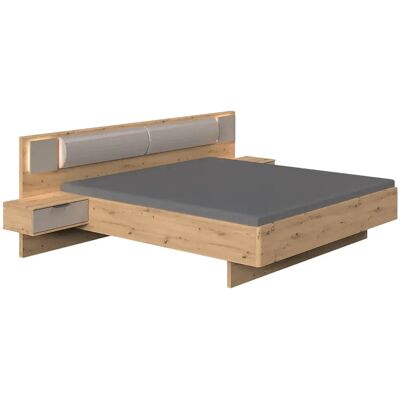 Pegane Lit adulte double 160x200 cm Queen Size + LED + 2 chevets coloris imitation chêne Artisan, Façade verre gris - Longueur 269 x Profondeur 210 x Hauteur 92 cm - Publicité Pegane Lit adulte double 160x200 cm Queen Size + LED + 2 chevets coloris imitation chêne Artisan, Façade verre gris - Longueur 269 x Profondeur 210 x Hauteur 92 cm - Publicité