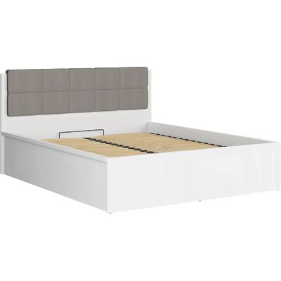 Pegane Lit coffre 160x200 tête rembourée grise avec sommier et rangement, coloris Blanc brillant - Longueur 204,5 x Profondeur 169 x Hauteur 95/40,5 cm - Publicité Pegane Lit coffre 160x200 tête rembourée grise avec sommier et rangement, coloris Blanc brillant - Longueur 204,5 x Profondeur 169 x Hauteur 95/40,5 cm - Publicité