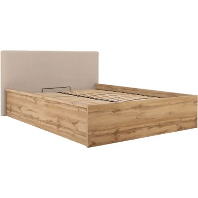 Pegane Lit adule 160x200 avec tête de lit capitonnée beige,sommier et rangement, coloris Chêne wotan - Longueur 204,5 x Profondeur 169 x Hauteur 95/40,5 cm - Publicité Pegane Lit adule 160x200 avec tête de lit capitonnée beige,sommier et rangement, coloris Chêne wotan - Longueur 204,5 x Profondeur 169 x Hauteur 95/40,5 cm - Publicité