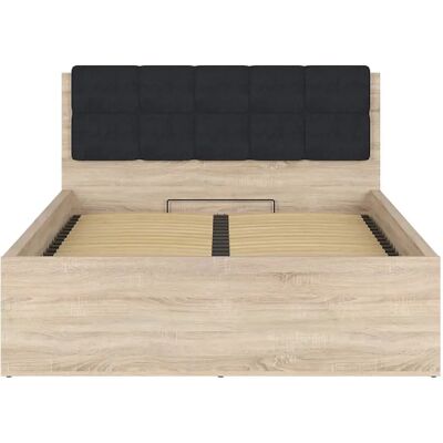 Pegane Lit adule 140x200 avec tête de lit capitonnée noir,sommier et rangement, coloris chêne Sonoma - Longueur 204,5 x Profondeur 149 x Hauteur 95/40,5 cm - Publicité Pegane Lit adule 140x200 avec tête de lit capitonnée noir,sommier et rangement, coloris chêne Sonoma - Longueur 204,5 x Profondeur 149 x Hauteur 95/40,5 cm - Publicité