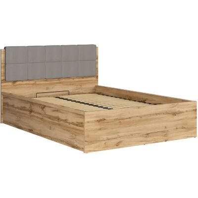 Pegane Lit adule 140x200 avec tête de lit capitonnée gris clair,sommier et rangement, coloris Chêne wotan - Longueur 204,5 x Profondeur 149 x Hauteur 95/40,5 cm - Publicité Pegane Lit adule 140x200 avec tête de lit capitonnée gris clair,sommier et rangement, coloris Chêne wotan - Longueur 204,5 x Profondeur 149 x Hauteur 95/40,5 cm - Publicité