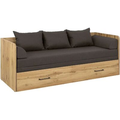 Pegane Lit canapé convertible 80-160x200 cm coloris Chêne wotan avec coffre de rangement, matelas et 3 oreillers gris anthracite - Longueur 200,5 x Profondeur 79/154 x Hauteur 73 cm - Publicité Pegane Lit canapé convertible 80-160x200 cm coloris Chêne wotan avec coffre de rangement, matelas et 3 oreillers gris anthracite - Longueur 200,5 x Profondeur 79/154 x Hauteur 73 cm - Publicité