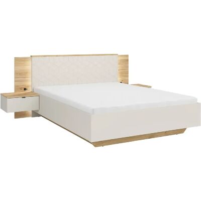 Pegane Lit coffre 160x200 avec 2 chevets à LED+USB , coloris Chêne mauvella/Beige - Publicité Pegane Lit coffre 160x200 avec 2 chevets à LED+USB , coloris Chêne mauvella/Beige - Publicité