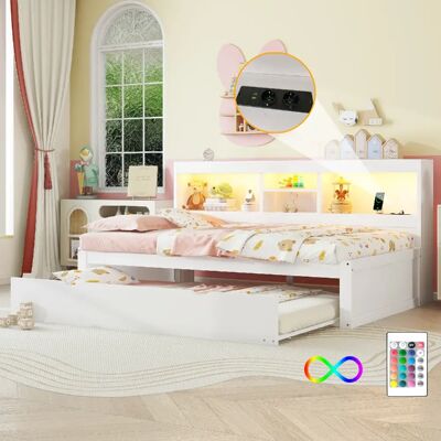 Merax Lit Gigogne 90x200cm Avec LED-rangement De Chevet-prise USB-En Bois-lit Enfant-blanc - Publicité Merax Lit Gigogne 90x200cm Avec LED-rangement De Chevet-prise USB-En Bois-lit Enfant-blanc - Publicité