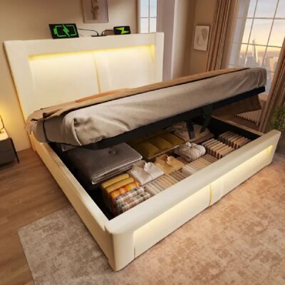 Merax Lit Double 180 X 200 Cm-sommier Hydraulique-led Réglable-usb + Type-c-en Velours-beige - Publicité Merax Lit Double 180 X 200 Cm-sommier Hydraulique-led Réglable-usb + Type-c-en Velours-beige - Publicité