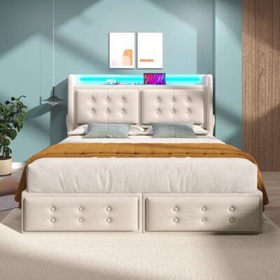 Merax Lit 160x200 Cm-lit Double Avec Tête De Lit LED-port USB-c Et 4 Tiroirs De Rangement-beige - Publicité Merax Lit 160x200 Cm-lit Double Avec Tête De Lit LED-port USB-c Et 4 Tiroirs De Rangement-beige - Publicité