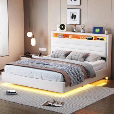 Merax Lit 140x200cm-hydraulique-lit Double LED Avec Prise USB-tête De Lit Réversible-beige - Publicité Merax Lit 140x200cm-hydraulique-lit Double LED Avec Prise USB-tête De Lit Réversible-beige - Publicité