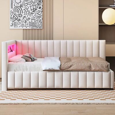 Merax Lit/canapé-lit 140x200cm-avec Éclairage LED-port De Chargement USB-lit Adulte-beige - Publicité Merax Lit/canapé-lit 140x200cm-avec Éclairage LED-port De Chargement USB-lit Adulte-beige - Publicité