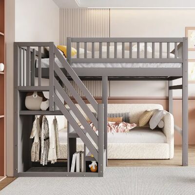 Merax Lit Mezzanine 140*200cm-en Bois Massif-escalier Avec Placard De Rangement-lit Enfant-gris - Publicité Merax Lit Mezzanine 140*200cm-en Bois Massif-escalier Avec Placard De Rangement-lit Enfant-gris - Publicité