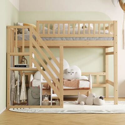 Merax Lit Mezzanine 140*200cm-en Bois Massif-escalier Avec Placard De Rangement-lit Enfant-bois - Publicité Merax Lit Mezzanine 140*200cm-en Bois Massif-escalier Avec Placard De Rangement-lit Enfant-bois - Publicité