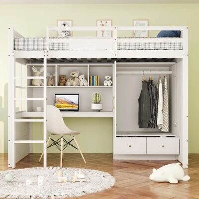 Merax Lit Mezzanine 90x200cm-avec Bureau Avec Rangement,penderie-lit Enfant-lit Adolescent-blanc - Publicité Merax Lit Mezzanine 90x200cm-avec Bureau Avec Rangement,penderie-lit Enfant-lit Adolescent-blanc - Publicité