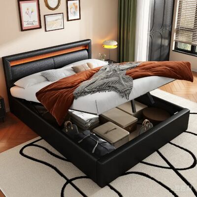 OKWISH Simili Cuir Noir et LED Intégrées - PU - Sans Matelas - Publicité OKWISH Simili Cuir Noir et LED Intégrées - PU - Sans Matelas - Publicité