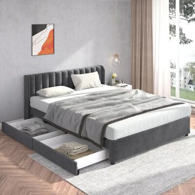 OKWISH Rangement sous le lit et tête de lit capitonné - Velours et MDF - Sans Matelas - Publicité OKWISH Rangement sous le lit et tête de lit capitonné - Velours et MDF - Sans Matelas - Publicité