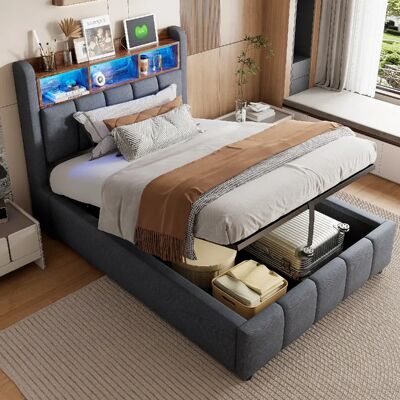 OKWISH Avec rangement sous le lit et tête de lit moderne avec LED et USB - Matière : Tissu de lin + MDF - Sans Matelas - Publicité OKWISH Avec rangement sous le lit et tête de lit moderne avec LED et USB - Matière : Tissu de lin + MDF - Sans Matelas - Publicité
