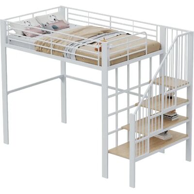 MIVRAY Lit mezzanine adulte 140x200 cm, rangement sous le lit et escalier, métal blanc - Publicité MIVRAY Lit mezzanine adulte 140x200 cm, rangement sous le lit et escalier, métal blanc - Publicité