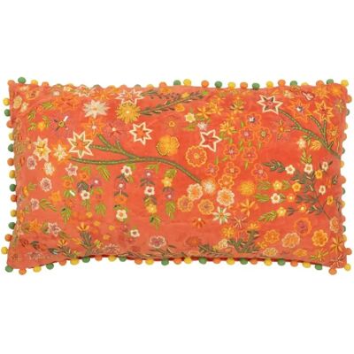 J-Line Coussin rectangle fleurs+pompoms en velours orange 65x35x15 cm - Publicité J-Line Coussin rectangle fleurs+pompoms en velours orange 65x35x15 cm - Publicité