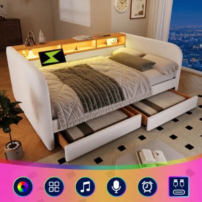 Merax Canapé-lit 140x190cm Avec Éclairage LED-Chargement USB-c-avec 2 Tiroirs-lit Double-beige - Publicité Merax Canapé-lit 140x190cm Avec Éclairage LED-Chargement USB-c-avec 2 Tiroirs-lit Double-beige - Publicité