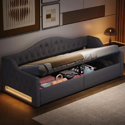 Merax Lit 90x200cm-lit De Jour LED-canapé-lit- Revêtement Lin-gris - Publicité Merax Lit 90x200cm-lit De Jour LED-canapé-lit- Revêtement Lin-gris - Publicité