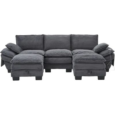 DZMDIP Canapé 3 places modulable 2 poufs, velours côtelé, USB-C, poches latérales, gris foncé - Publicité DZMDIP Canapé 3 places modulable 2 poufs, velours côtelé, USB-C, poches latérales, gris foncé - Publicité