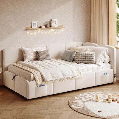 lemonbest Canapé-lit 90×190 cm en velours beige, ports USB et poches de rangement. Multifonction - Publicité lemonbest Canapé-lit 90×190 cm en velours beige, ports USB et poches de rangement. Multifonction - Publicité