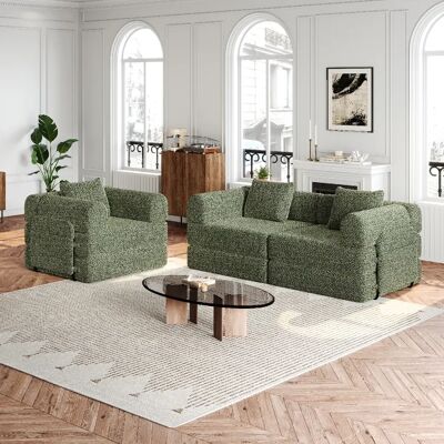 lemonbest Canapé-lit convertible 2-en-1 chenille vert (lot de 3), rangement accoudoir - Publicité lemonbest Canapé-lit convertible 2-en-1 chenille vert (lot de 3), rangement accoudoir - Publicité