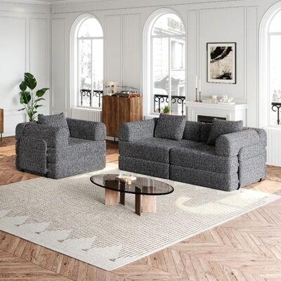 lemonbest Canapé-lit convertible 2-en-1 chenille gris (lot de 3), rangement accoudoir - Publicité lemonbest Canapé-lit convertible 2-en-1 chenille gris (lot de 3), rangement accoudoir - Publicité