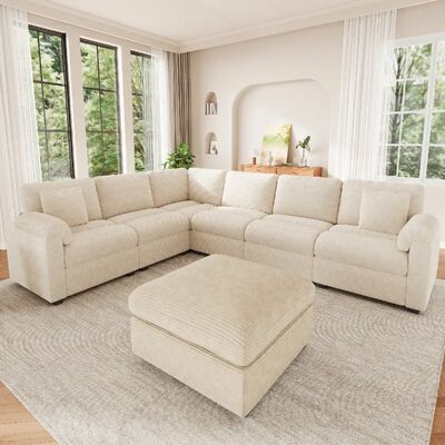 lemonbest Canapé d’angle XXL modulaire U/L 7 places beige, 274,5×210,5×85,5 cm, 2 coussins - Publicité lemonbest Canapé d’angle XXL modulaire U/L 7 places beige, 274,5×210,5×85,5 cm, 2 coussins - Publicité